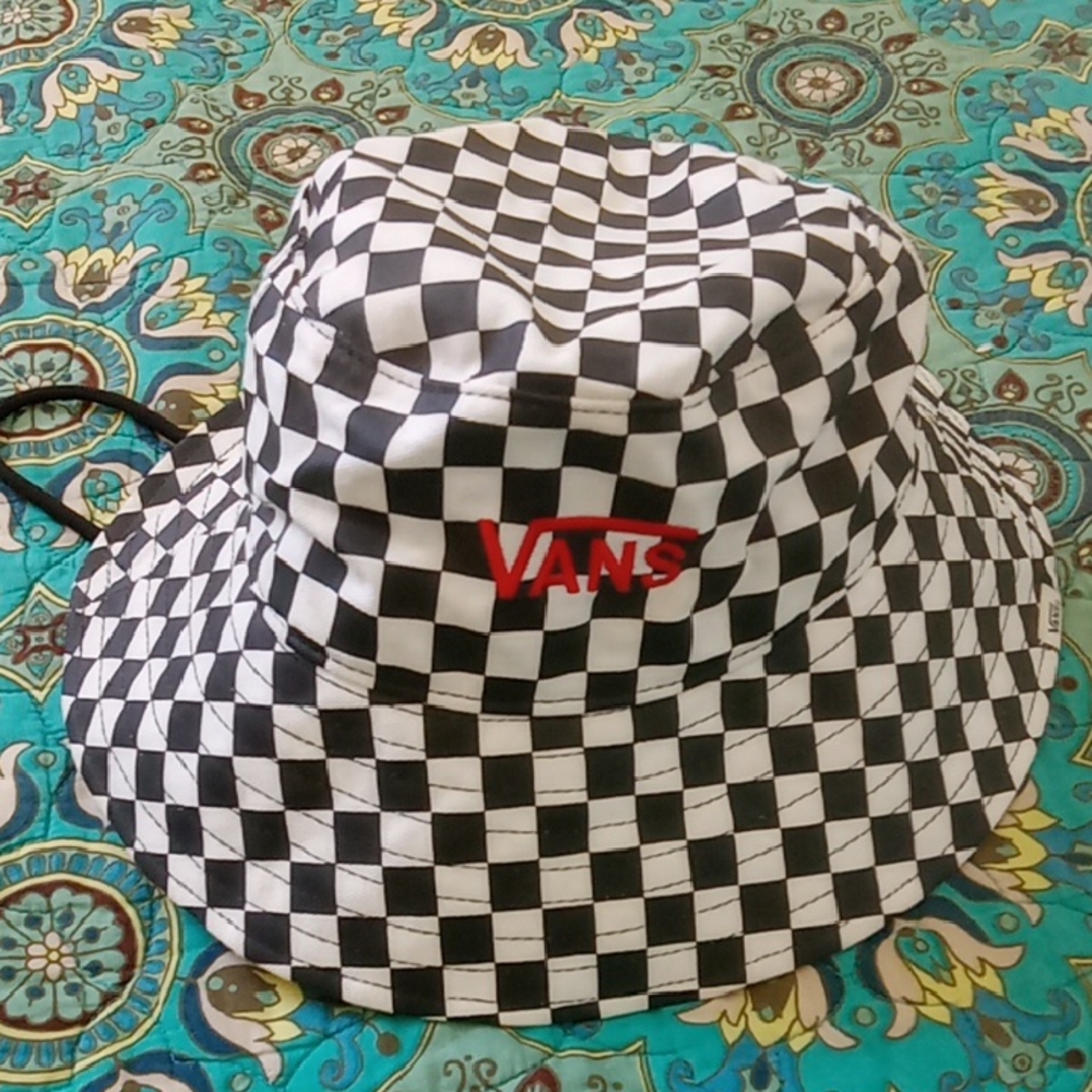 Vans Black & White Checkerboard Bucket Hat with Red Logo